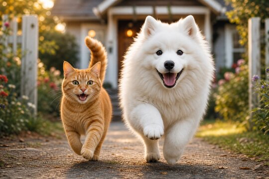Sunlit path leads to a cozy home. Ginger cat bounds beside a joyful Samoyed. Both animals move forward with bright energy. Golden hour casts soft, warm light across the scene