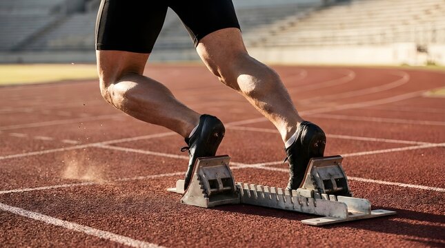 Close-up of Professional Athlete's Legs and Feet in Starting Blocks on a Running Track Preparing for a Sprint