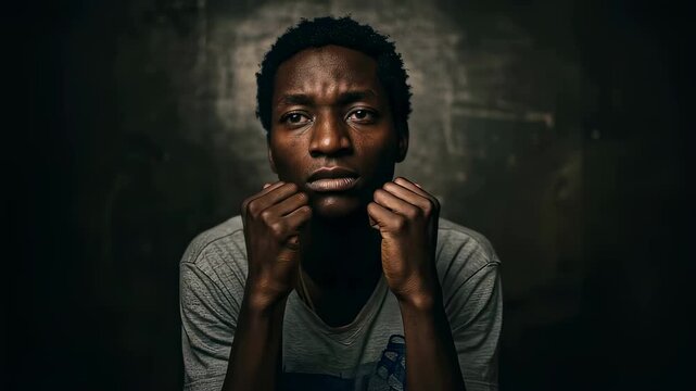 African american man in distress showing sequence of sad emotions. Frustrated guy expressing mental struggle, loneliness, anxiety, pain, turmoil and deep melancholy.