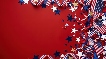 Red background decorated with American flags, stars, and ribbons for Presidents Day and Independence Day celebrations, featuring festive elements in a vibrant arrangement