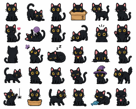 Set of cute black cat icons in pixel art style for game design