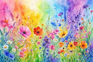 Naklejka premium Vibrant watercolor depicts a wildflower meadow. Rainbow hues blend softly across the sky and grass. Poppies, daisies, and purple blooms rise freely. Bright petals glow in sunlit, dreamlike atmosphere