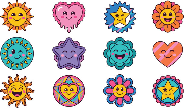 Collection of happy colorful smileys and shapes in a flat cartoon style for creative design work