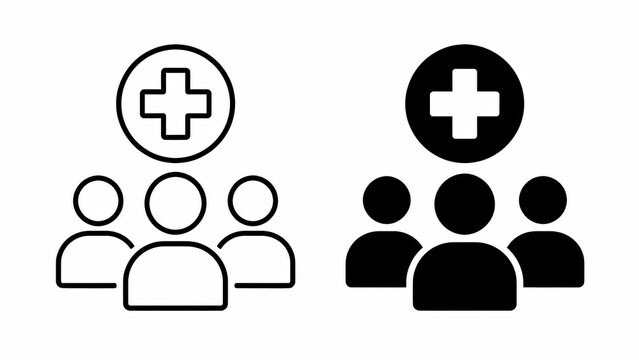 Medical team people icon set with a cross sign in black and outline style