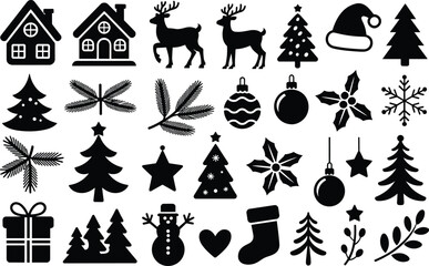 Fototapeta premium Christmas collection with various festive icons including houses, reindeers, trees, and ornaments