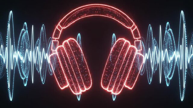 headphones logo with neon sound waves on black background