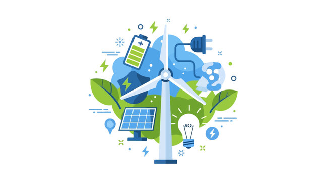 Renewable Energy and Sustainable Technology Concept Illustration Featuring Wind Turbine, Solar Panels, Battery, and Ecology Icons for Clean Power Solutions