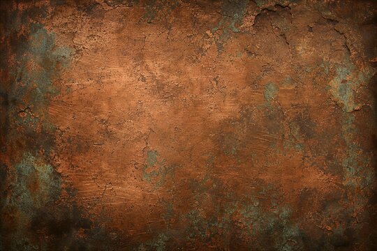 Rusty metal surface with rich, deep brown tones. Patina accents swirl in faded greens and grays. Texture feels worn, aged, and tactile. Industrial decay aesthetic evokes rugged character