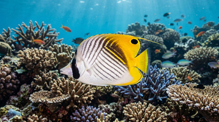 Close up of Cross Stripe Butterfly (Chaetodon auriga) undersea in Great Barrier Reef, Australia.   © pinan