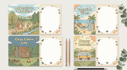Four charming, hand-drawn, vintage-style journal pages featuring nature and travel themes, perfect for scrapbooking or note-taking. © Terra