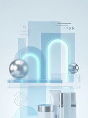 Fototapeta premium Frosted blue glass geometry with metallic silver spheres luxury backdrop