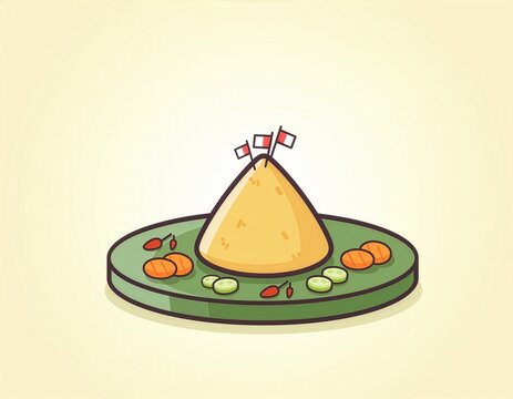 Charming illustration depicting a festive Indonesian Nasi Tumpeng, a golden rice cone dish adorned with mini flags and colorful side accompaniments, perfect for cultural celebrations and special occas