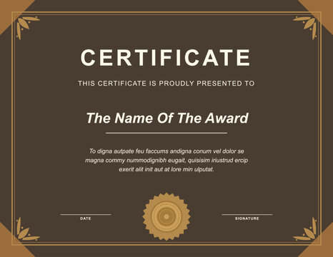 Vintage certificate of appreciation template with classic dark brown and gold ornamental border design for corporate achievement award recognition