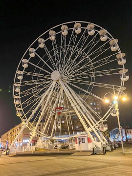 Czestochowa, Poland, February 26, 2026: The Great Carousel (Ferris Wheel) at Bieganski Square in Czestochowa, view at night