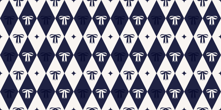Navy blue argyle seamless pattern with bows and stars. Holiday wrapping paper for birthday or Christmas. Diamond shaped print for textile. Repeat rhombus background. Vector illustration