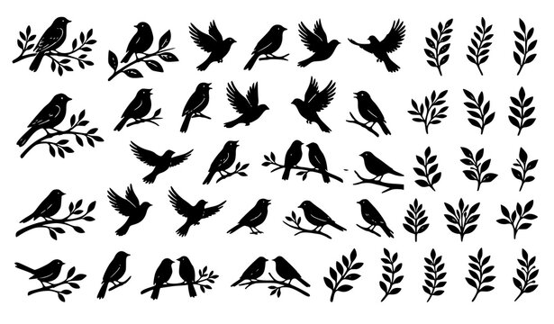 Flying bird silhouette collection with leafy branches featuring various perched and soaring bird poses isolated background