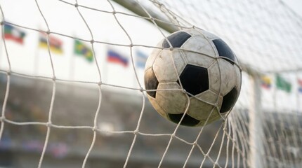 Naklejka premium A soccer ball rests inside the goal net after a successful shot during a competitive sports match.