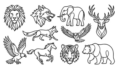 Wild Animal Hand Drawn Vector Set Featuring Lion, Wolf, Bear, Eagle, Horse, Elephant and Deer © Madhobe