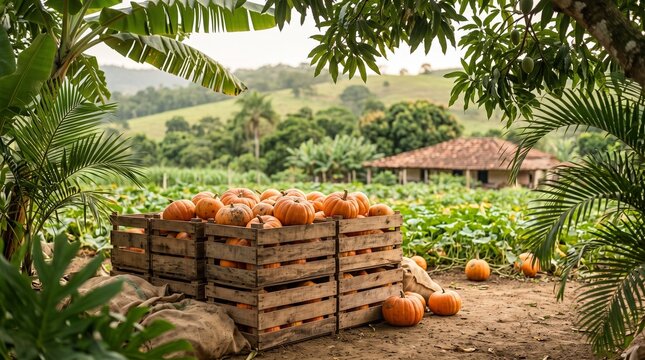 Pumpkin harvest in Brazil, Pumpkin Harvest Crates Under Tropical Farm Trees, Autumn Farm Produce, Fresh Seasonal Agriculture, Clean Commercial Stock Photo, Copy Space