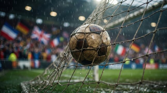A dirty soccer ball rests against the white mesh netting of a goal during a rainy professional.