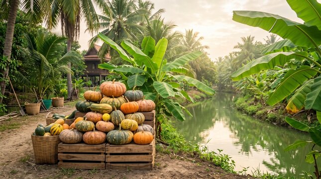 Pumpkin harvest in Thailand, Pumpkins Stacked Near A Green Farm Canal And Banana Leaves, Autumn Farm Produce, Fresh Seasonal Agriculture, Clean Commercial Stock Photo, Copy Space