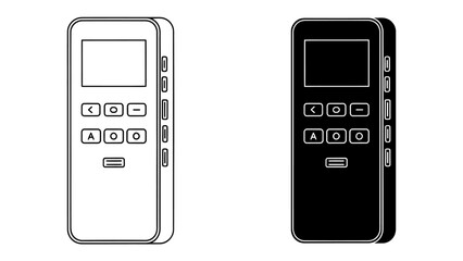 Electronic Device Wireframe: Two stylized wireframe illustrations of a handheld electronic device, one in outline and the other as a solid silhouette, showcase its buttons and screen. © abidakhatun