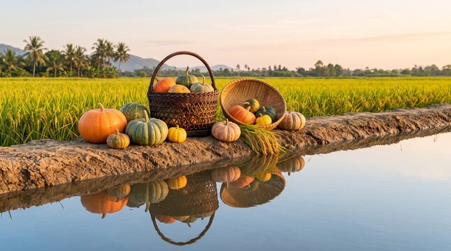 Pumpkin harvest in Vietnam, Pumpkins Arranged In Baskets Beside Rice Field Edge, Autumn Farm Produce, Fresh Seasonal Agriculture, Clean Commercial Stock Photo, Copy Space