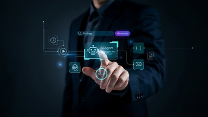 Obraz premium AI agent interface with data analysis icons and chatbot interaction button on screen.