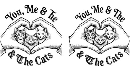 you me and the cats, cat heart, black and white cats, family svg, cat lovers, printable art, vector illustration, hands art © Tanan