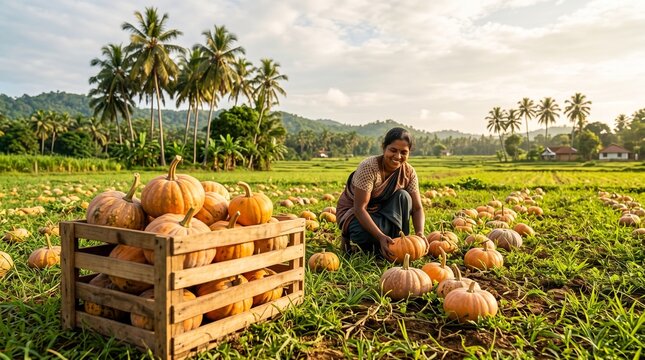 Pumpkin harvest in Sri Lanka, Pumpkins Harvested On A Green Rural Field With Palm Trees, Autumn Farm Produce, Fresh Seasonal Agriculture, Clean Commercial Stock Photo, Copy Space