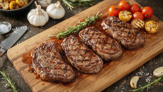 Grilled Steaks on a Wooden Board With Vegetables and Herbs