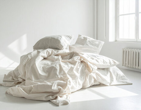 Cozy bed set by the window with natural linen pillows and crumpled white sheets in morning light