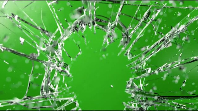 Glass window shattering into shards on green screen background