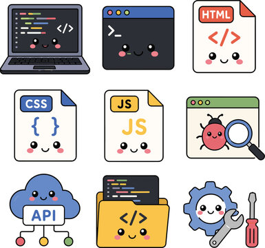 Cute Programming Icons Set  HTML, CSS, JavaScript, API, Coding and Web Development Vector Collection