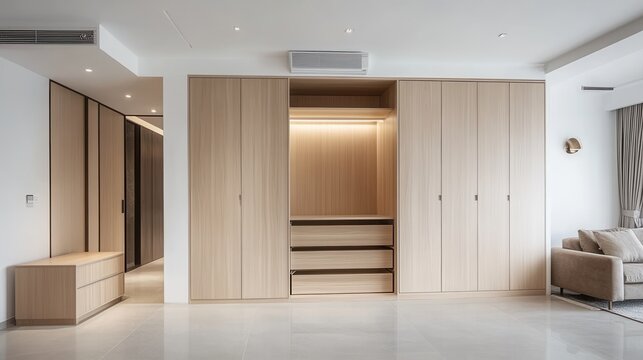 Modern walk-in closet with wooden cabinets and integrated lighting