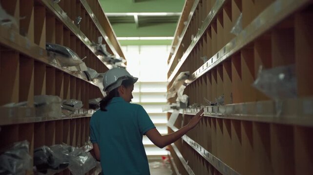 Female warehouse worker wearing a white safety helmet inspecting storage shelves inside a warehouse distribution center. Inventory management, stock checking, logistics, and supply chain operations in