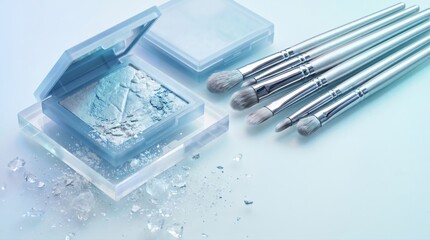 Fototapeta premium Frosty blue eyeshadow palettes with metallic silver makeup brushes on acrylic