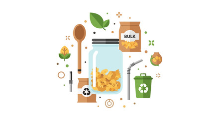Fototapeta premium Zero Waste Lifestyle Illustration with Eco-Friendly Products, Glass Jar, Bulk Shopping Bag, Metal Straw, and Recycling Bin for Sustainable Living Concept
