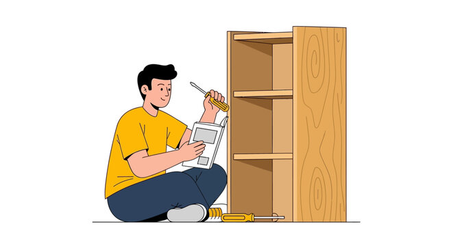 Man assembling wooden bookshelf furniture while reading instruction manual and holding a screwdriver. DIY home improvement and flat-pack furniture assembly illustration.