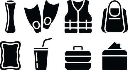 Set of simple black icons for swimming gear and travel accessories for vacation trip © Milon Store