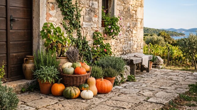 Pumpkin harvest in Croatia, Pumpkins Arranged Beside Stone Farmhouse Wall And Herbs, Autumn Farm Produce, Fresh Seasonal Agriculture, Clean Commercial Stock Photo, Copy Space