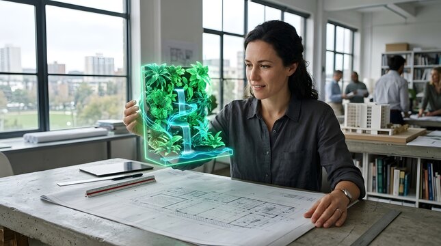 A focused female architect in a grey shirt examines a glowing neon green holographic model of a tropical vertical garden featuring a small flowing waterfall
