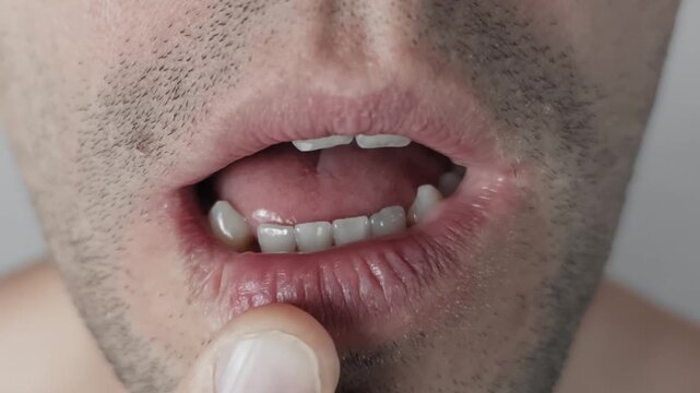 A man opens his mouth and pulls down his lower lip to inspect a missing tooth and gum line in a macro shot. Concept of dental hygiene, periodontitis issues, and oral healthcare exams.