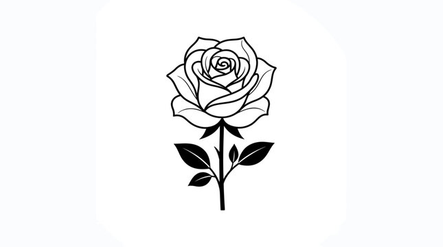 A black and white illustration of a single rose flower on a stem