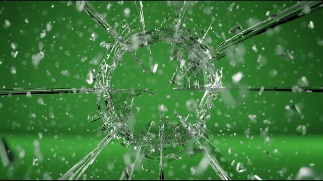 Glass shattering into sharp shards against a green screen background