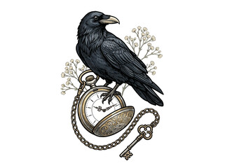 Fototapeta premium Black Raven With Detailed Feathers Perched On Ornate Antique Pocket Watch With Chain And Key, Surrounded By White Floral Accents, Vector Illustration