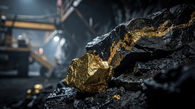 A shiny gold nugget is embedded in dark coal rocks inside an industrial mining facility with metal staircases and bright lighting.