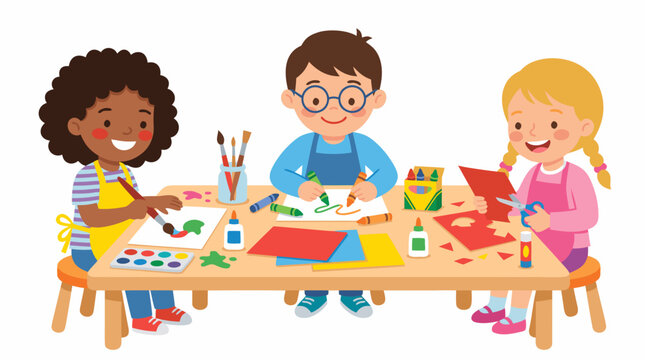 Cute cartoon children doing arts and crafts at a table, painting, drawing with crayons, and cutting paper in a kindergarten classroom on a white background.