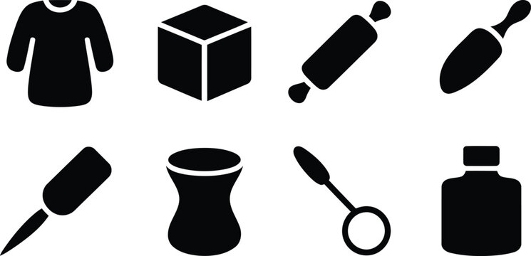 Set of black silhouette icons featuring household objects and clothing items on flat design