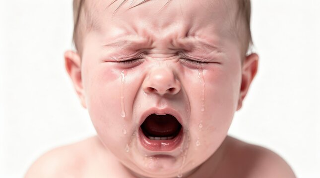A close-up image of a crying baby with tears streaming down their face and eyes tightly shut.